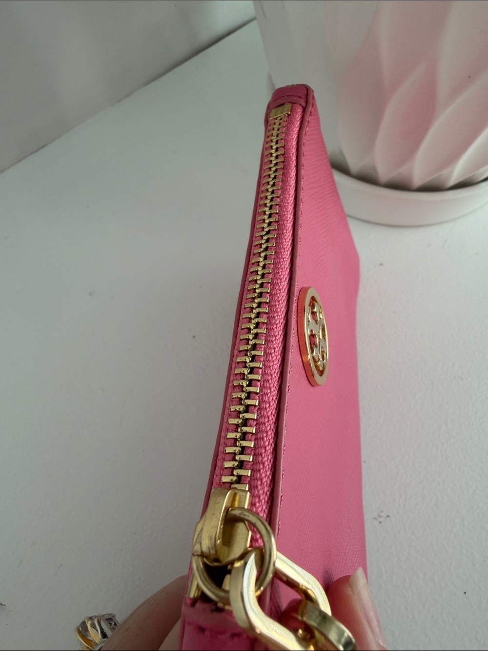 Tory Burch Hot Pink Saffiano Leather Key Pouch with Gold Chain - Picture 5 of 6